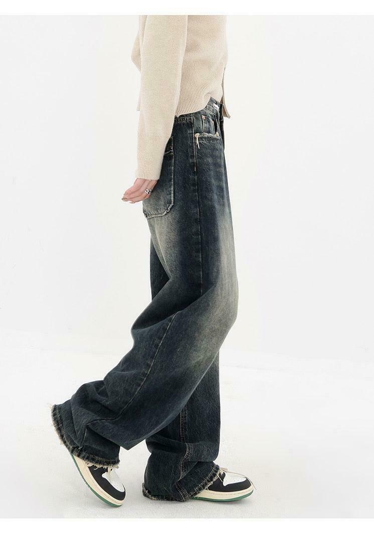 Acubi Wide Leg Dark Jeans - Trendy Y2K Baggy Jeans with Buckles and Brown Wash Finish