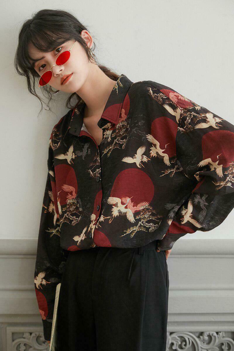 Aesthetic Bird Pattern Long Sleeve Shirt - Cute Y2K Style for Trendy Outfits