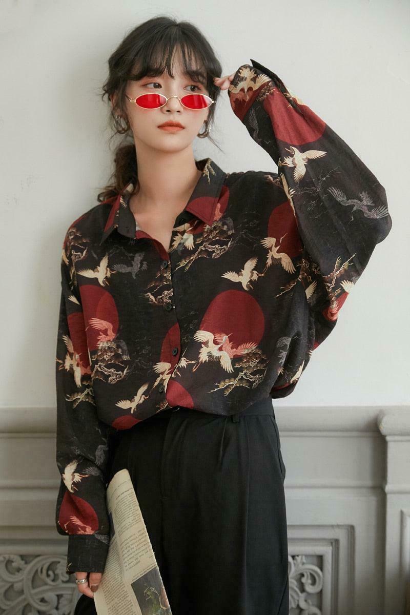 Aesthetic Bird Pattern Long Sleeve Shirt - Cute Y2K Style for Trendy Outfits