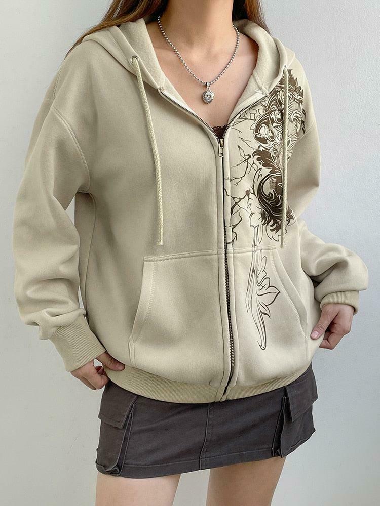 Aesthetic Fairy Grunge Floral Zip-Up Hoodie in Green, Brown, and Purple Spider Styles