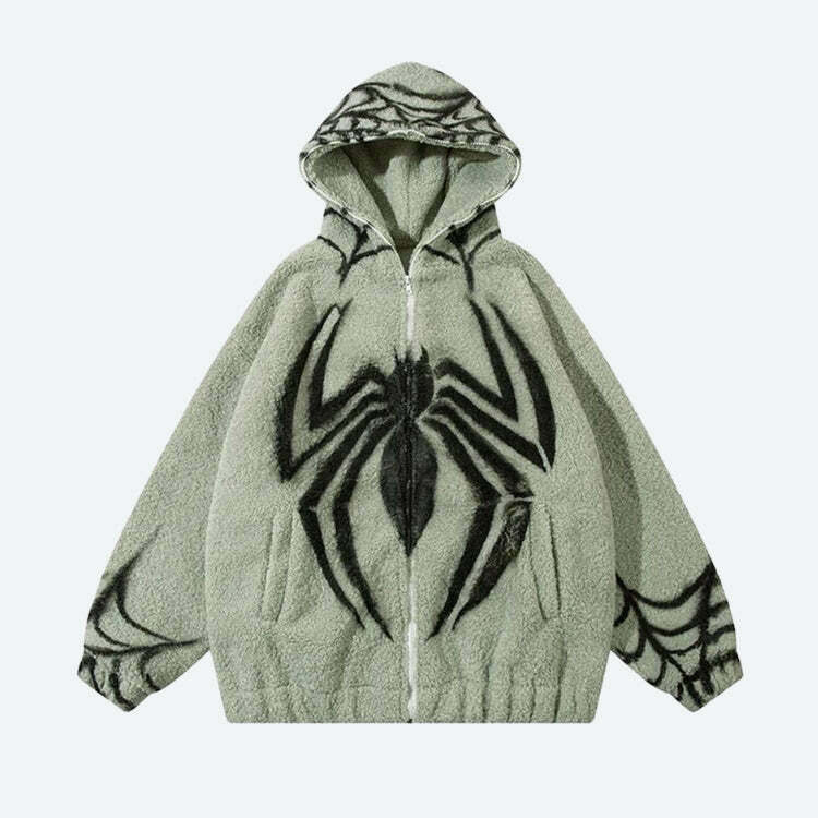 Aesthetic Y2K Fashion Spider Full Zip-Up Teddy Hoodie Jacket in Green, Brown, and Purple