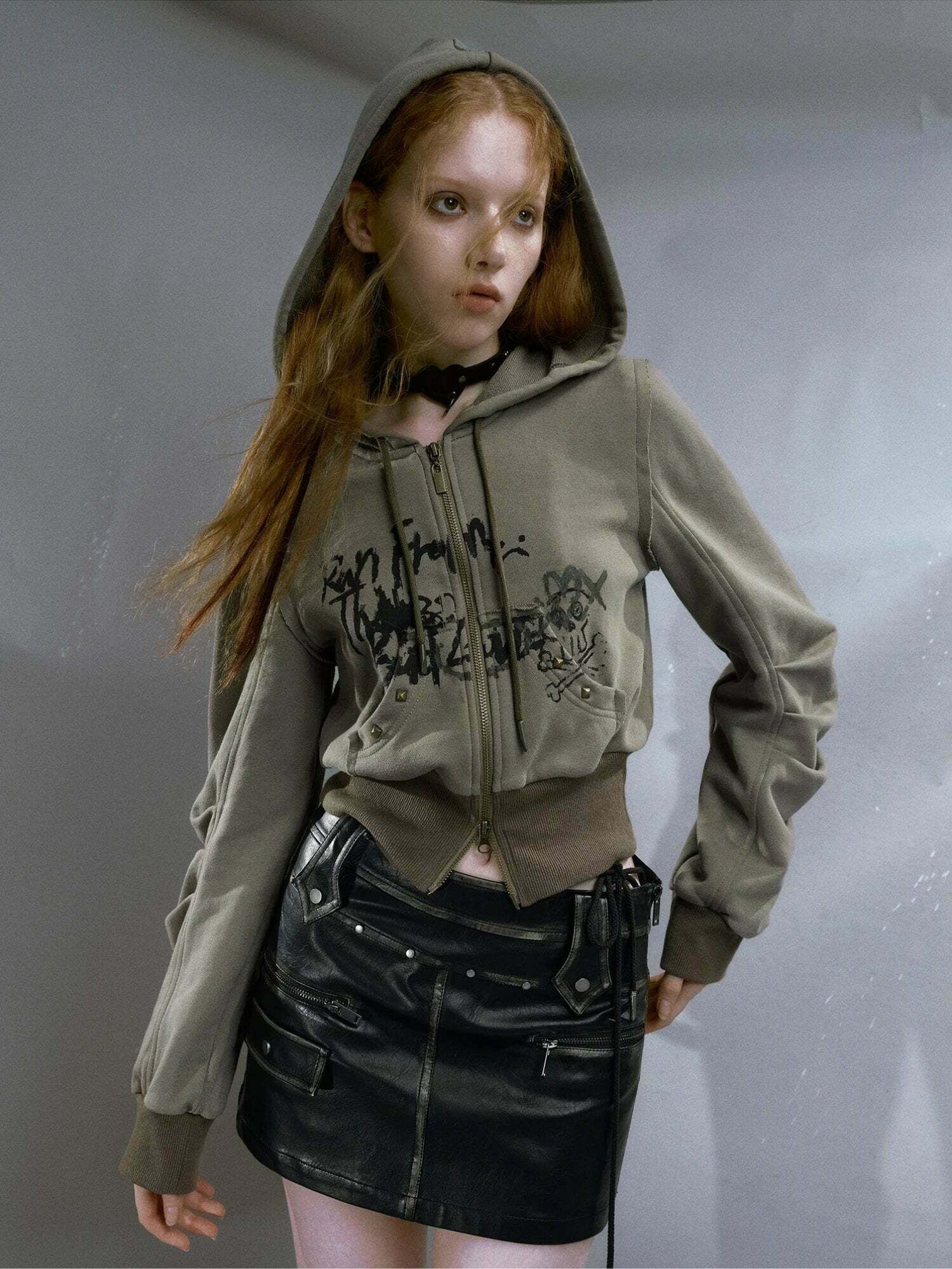 Aesthetic Y2K Grunge Ruched Sleeve Hoodie in Green, Brown, Purple, and Black Spider Styles