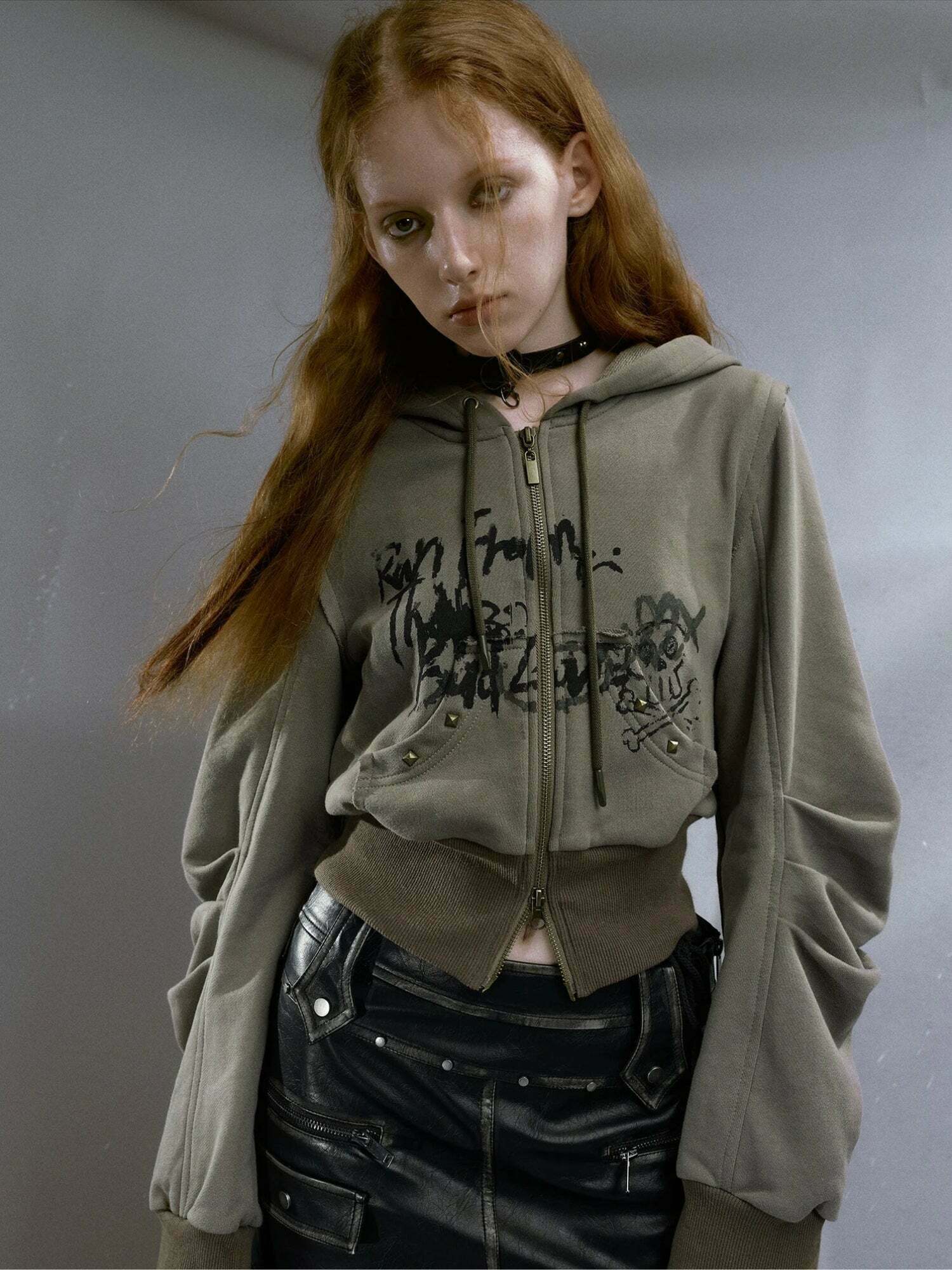 Aesthetic Y2K Grunge Ruched Sleeve Hoodie in Green, Brown, Purple, and Black Spider Styles