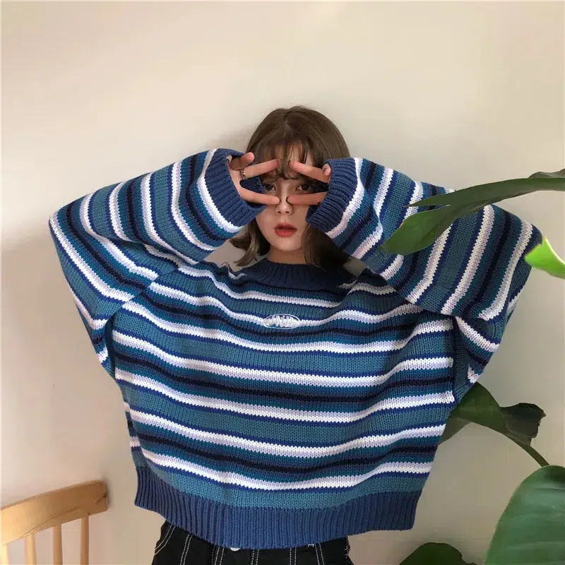 Aesthetic Y2K Striped Knitted Sweater with Wide Sleeves - Unique Cat & Skeleton Embroidery