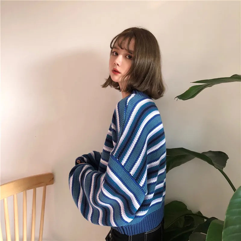 Aesthetic Y2K Striped Knitted Sweater with Wide Sleeves - Unique Cat & Skeleton Embroidery