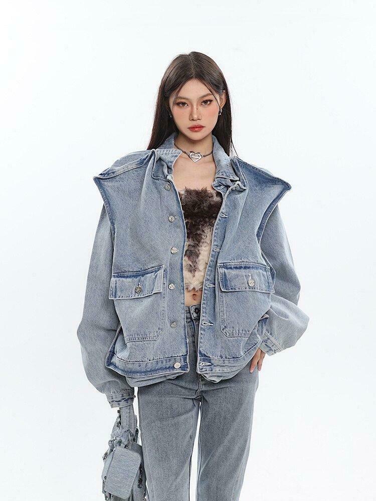 Asymmetric Design Y2K Denim Jacket - Trendy Color Block Baggy Style for Fashion Lovers