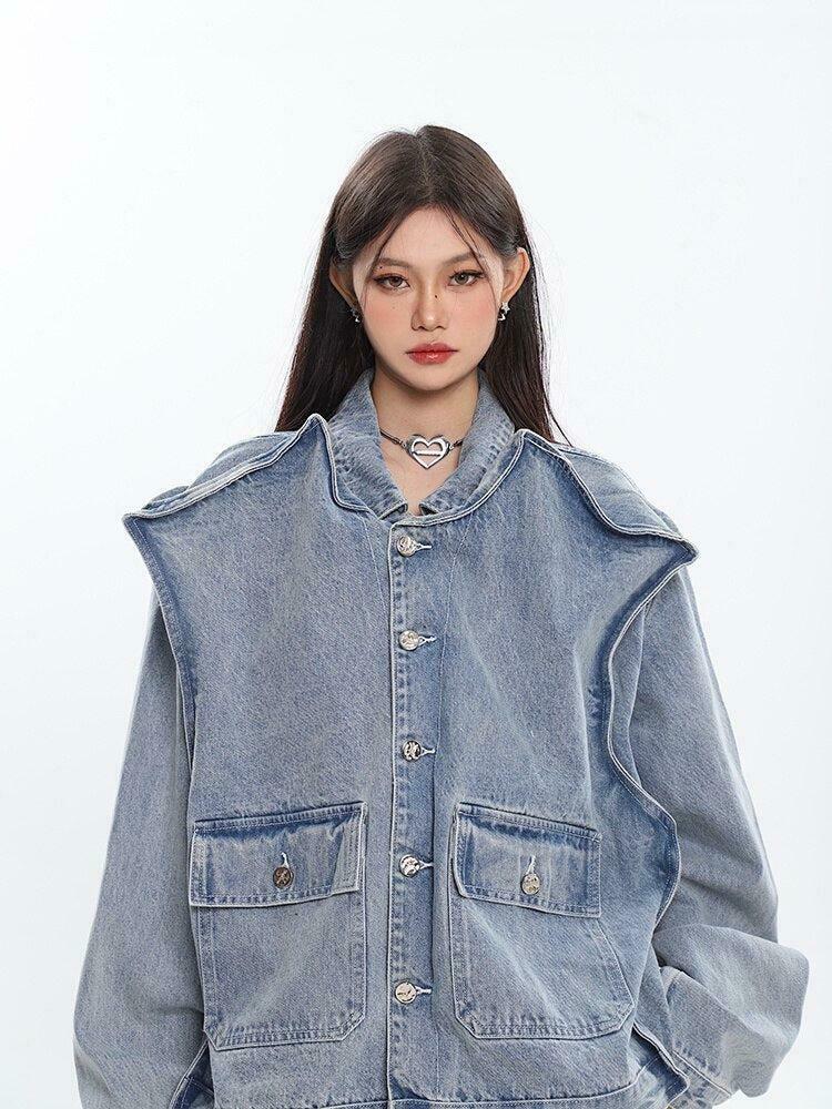 Asymmetric Design Y2K Denim Jacket - Trendy Color Block Baggy Style for Fashion Lovers