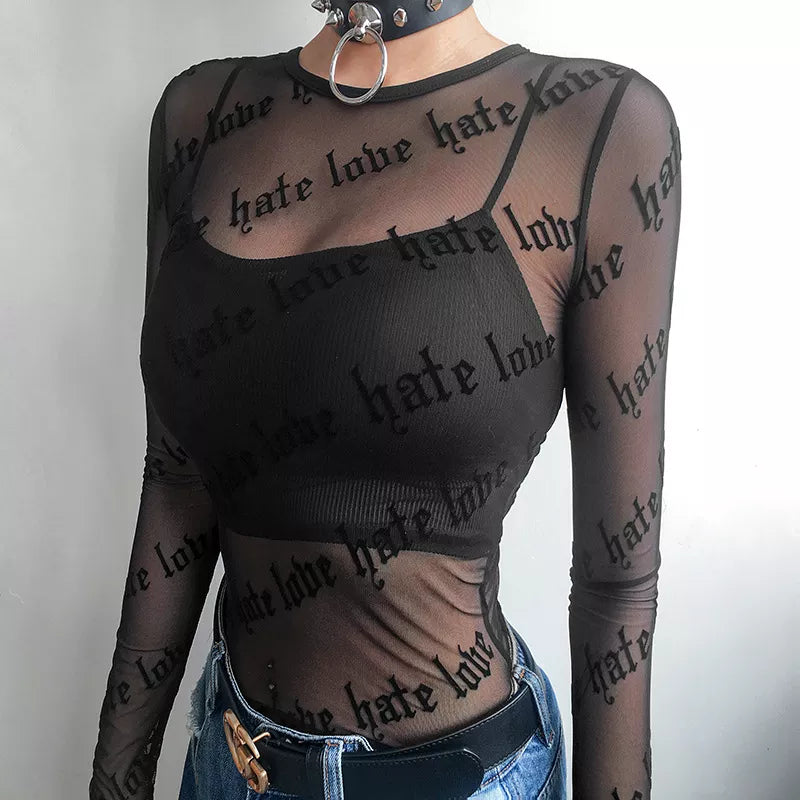 Baddie Love Hate Sheer Mesh Top - Y2K Style Bow Tie Crop Top for Trendy Baddie Fashion