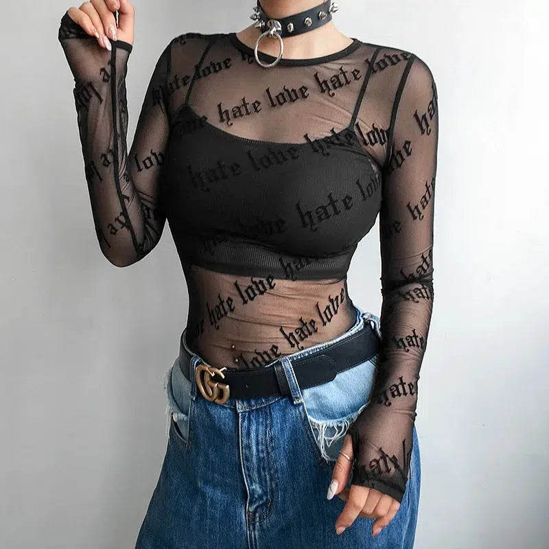 Baddie Love Hate Sheer Mesh Top - Y2K Style Bow Tie Crop Top for Trendy Baddie Fashion