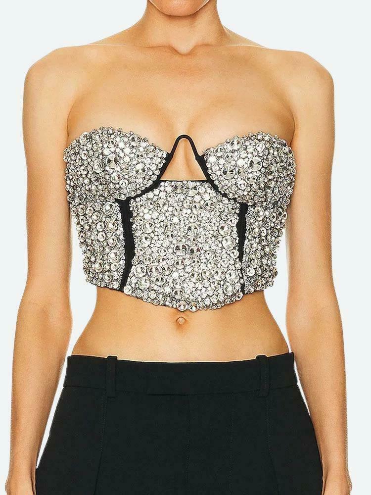 Baddie Rhinestone Bustier Crop Top - Y2K Fashion Sparkle with Stylish Bow Tie Detail