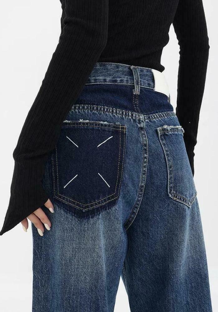 Brown Washed Straight Leg Denim Jeans with Patch Pockets - Y2K Style for Trendy Looks