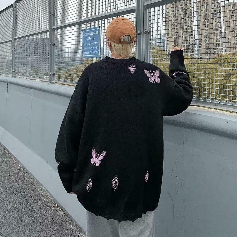 Butterfly Distressed Knitted Sweater - Aesthetic Y2K Fashion with Unique Embroidery Design