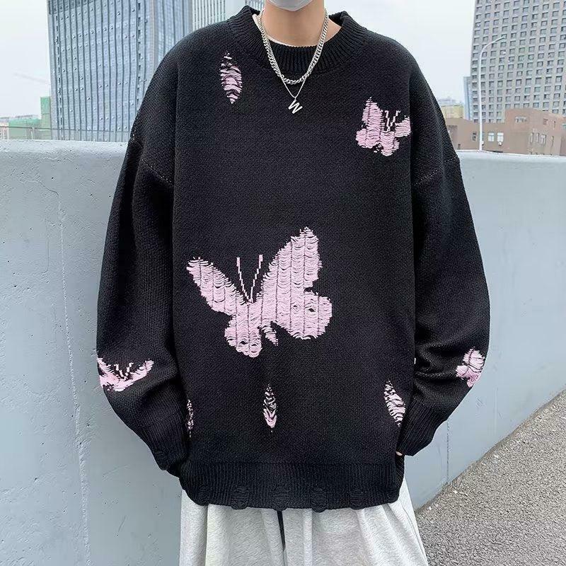 Butterfly Distressed Knitted Sweater - Aesthetic Y2K Fashion with Unique Embroidery Design