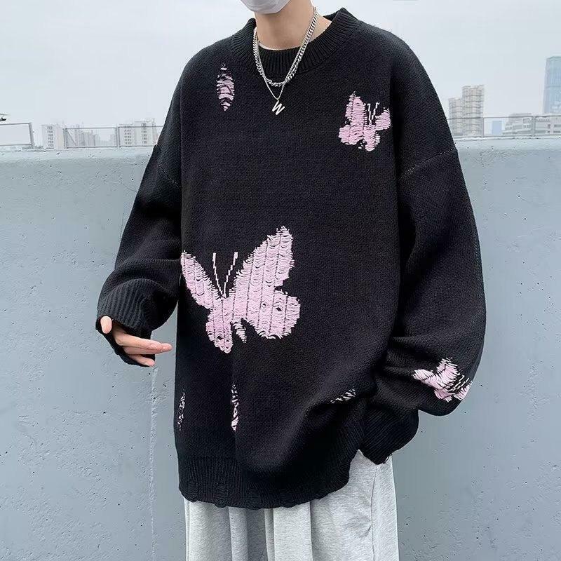 Butterfly Distressed Knitted Sweater - Aesthetic Y2K Fashion with Unique Embroidery Design