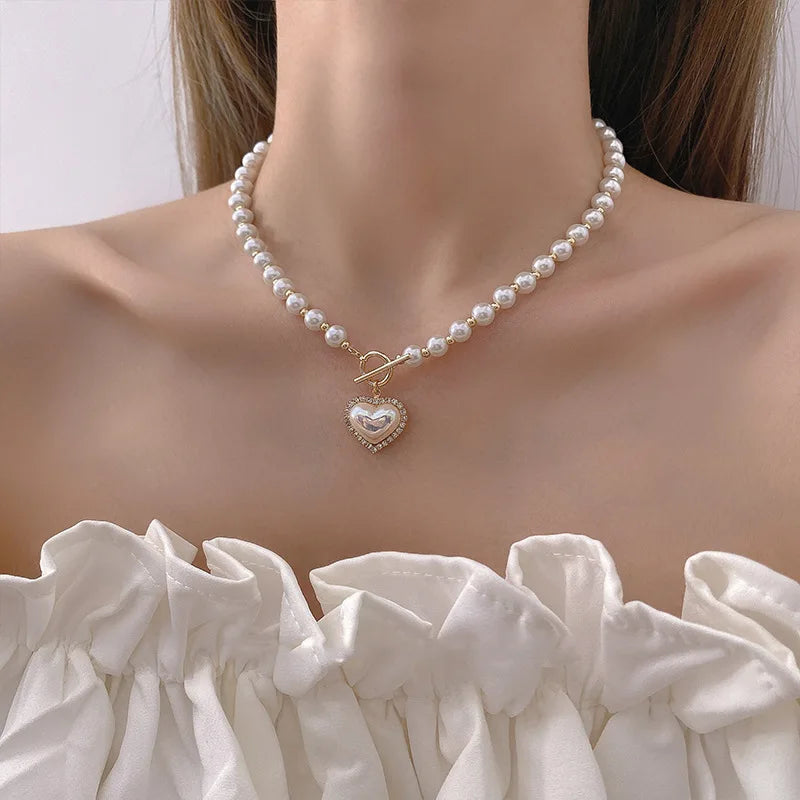 Charming Coquette Heart Pearl Necklace - Y2K Aesthetic with Bow Detail and Elegant Design