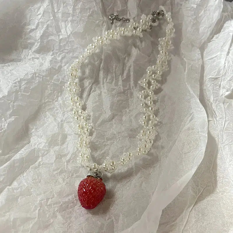 Charming Coquette Strawberry Pearl Beaded Necklace - Y2K Style with Sweet Strawberry Accents