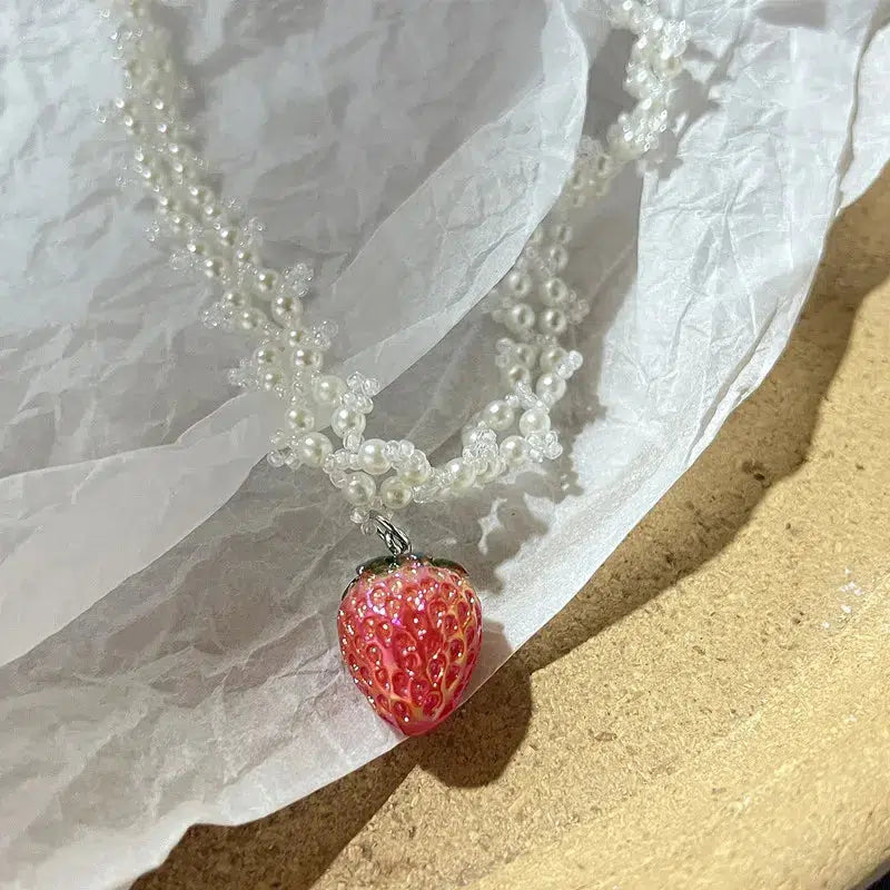 Charming Coquette Strawberry Pearl Beaded Necklace - Y2K Style with Sweet Strawberry Accents