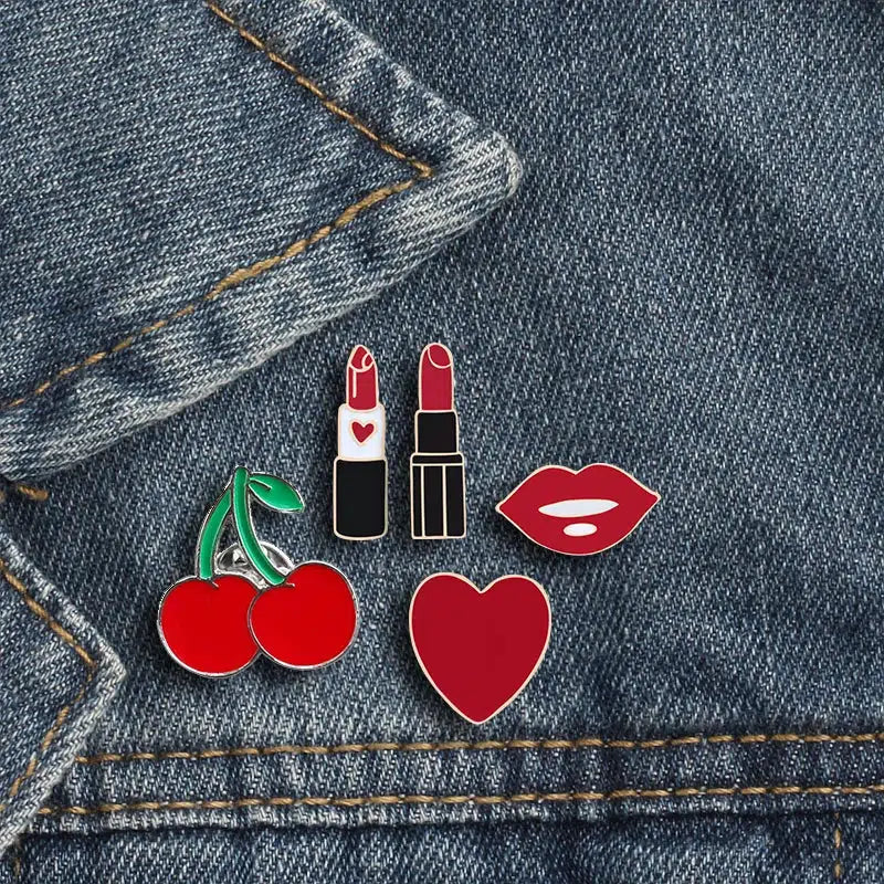 Charming Lipstick Heart Cherry Lip Pins - Y2K Fashion Accessory for Trendy Styles