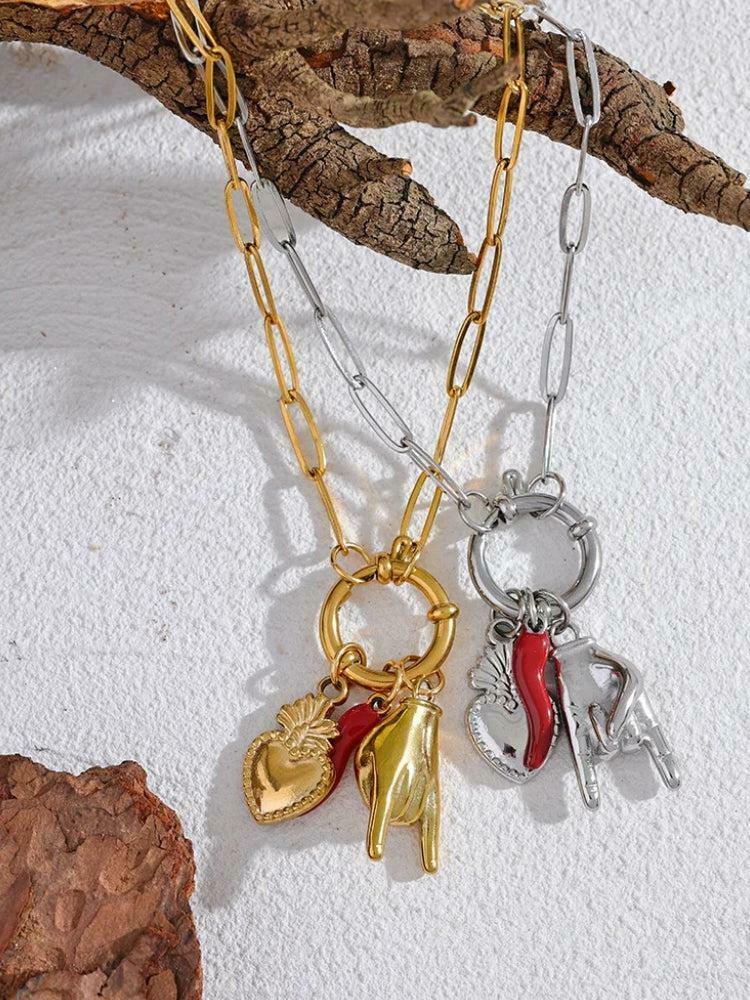 Charming Y2K Jewelry Set: Three Charms Necklace & Bracelet with Aesthetic Gold Accents