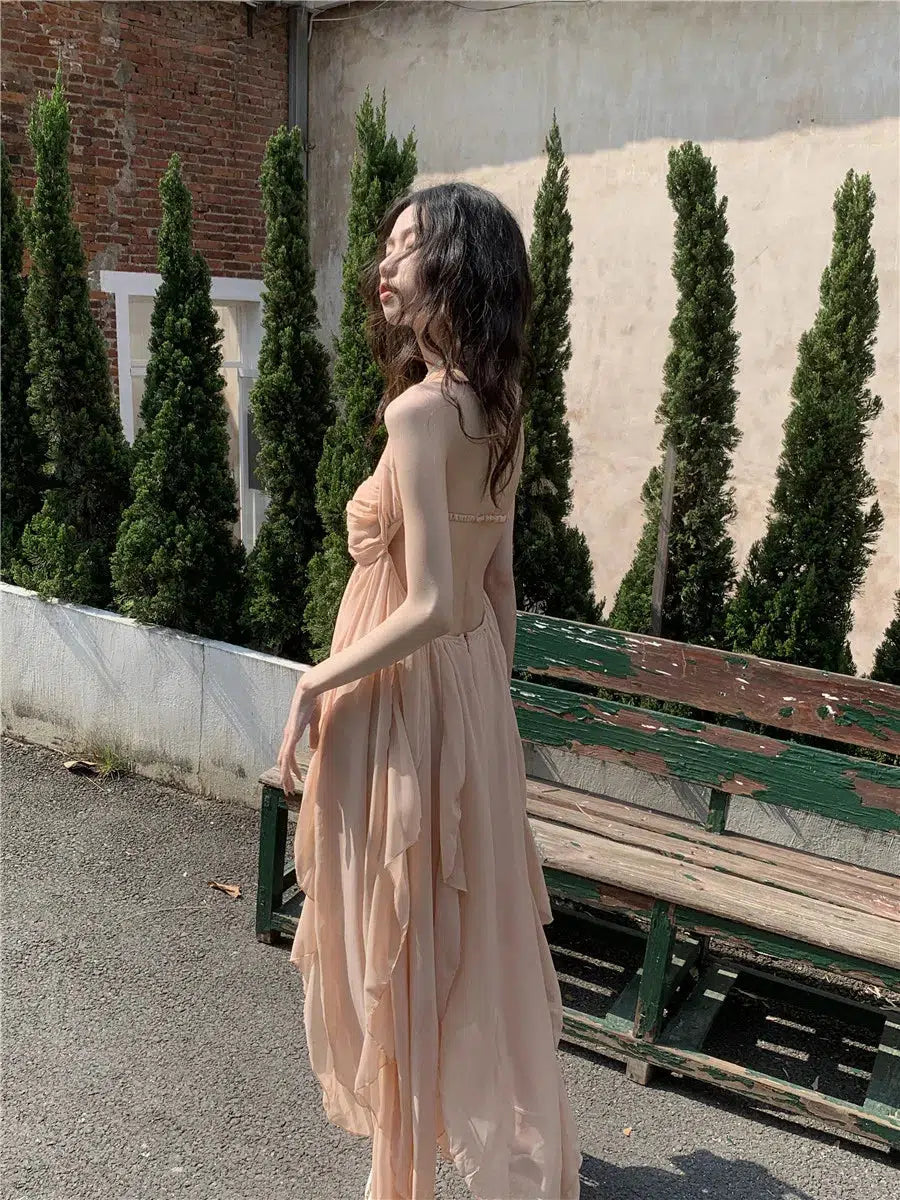 Chic Backless Chiffon Midi Dress in Pink Plaid - Y2K Bohemian Style for Effortless Elegance