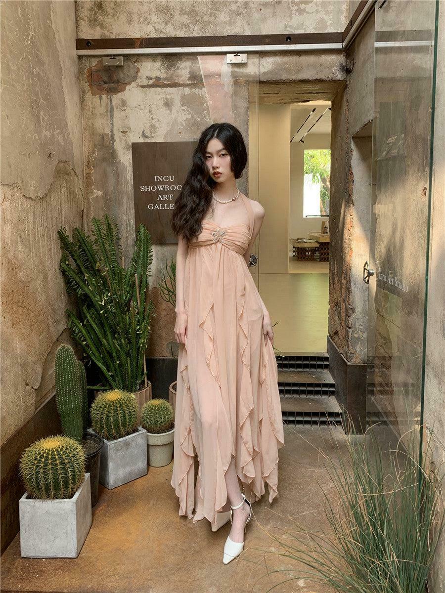 Chic Backless Chiffon Midi Dress in Pink Plaid - Y2K Bohemian Style for Effortless Elegance