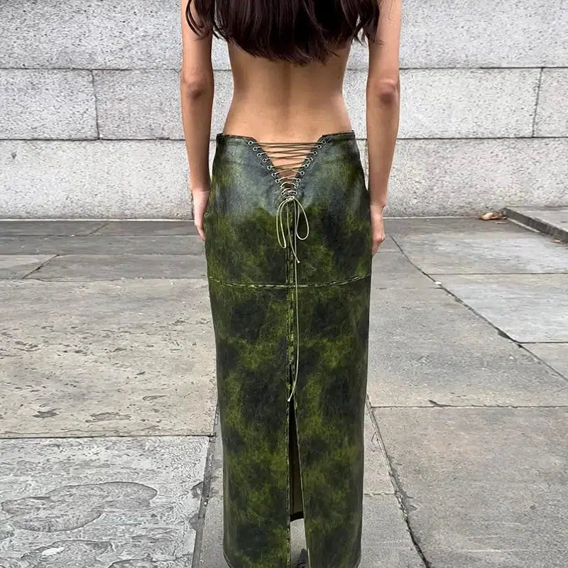 Chic Baddie Leaf Lace Up Split Maxi Skirt in Khaki - Trendy Y2K Fashion Essential