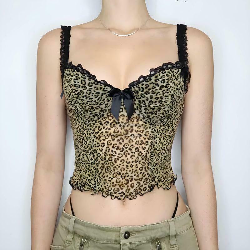 Chic Baddie Leopard Mesh Top with Bow Tie Detail - Trendy Y2K Crop Top for Stylish Looks