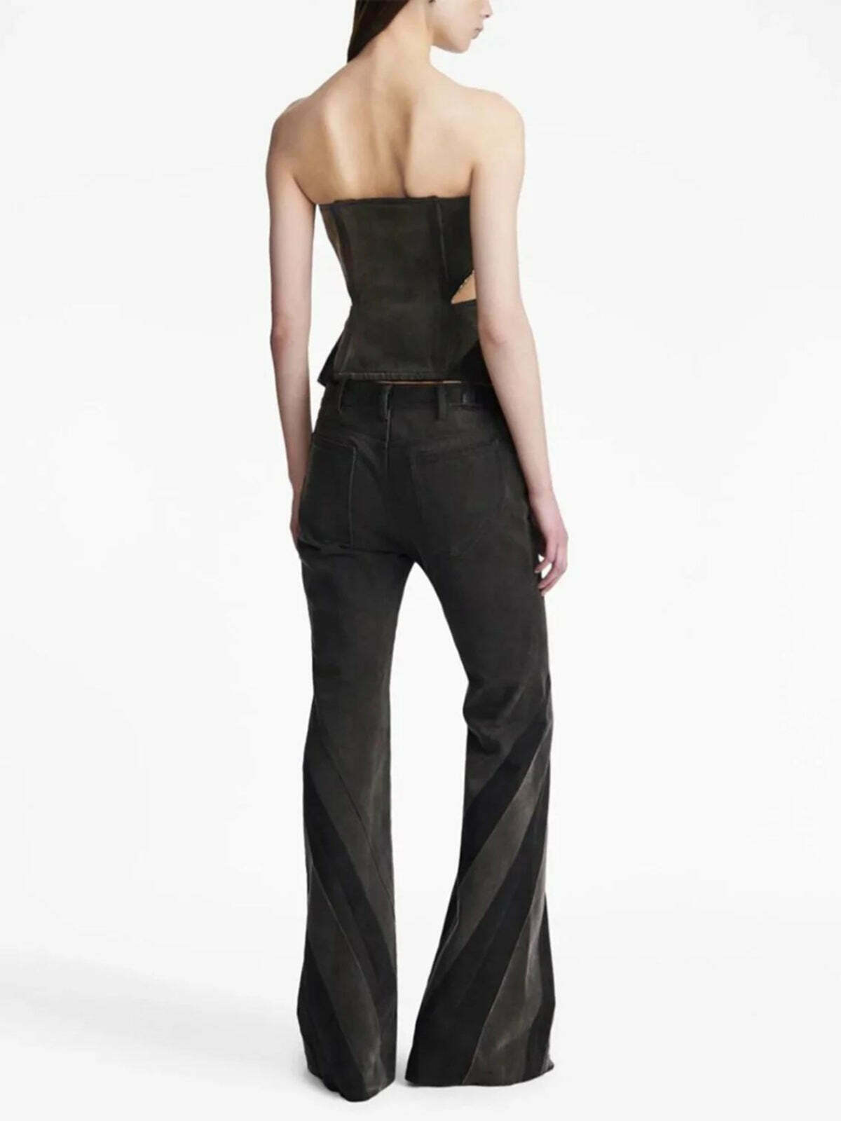 Chic Black Denim Tube Top & Patch Jeans Two-Piece Set for Trendy Y2K Fashion Lovers