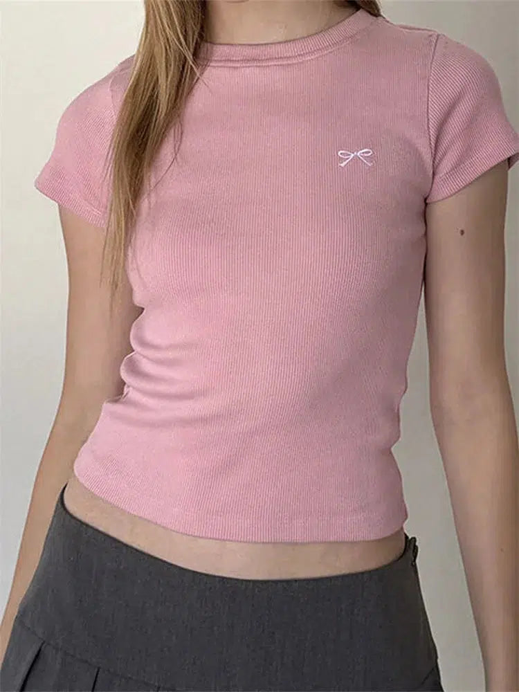 Chic Bow Basic Tee - Trendy Y2K Fashion Essential for Effortless Style and Comfort