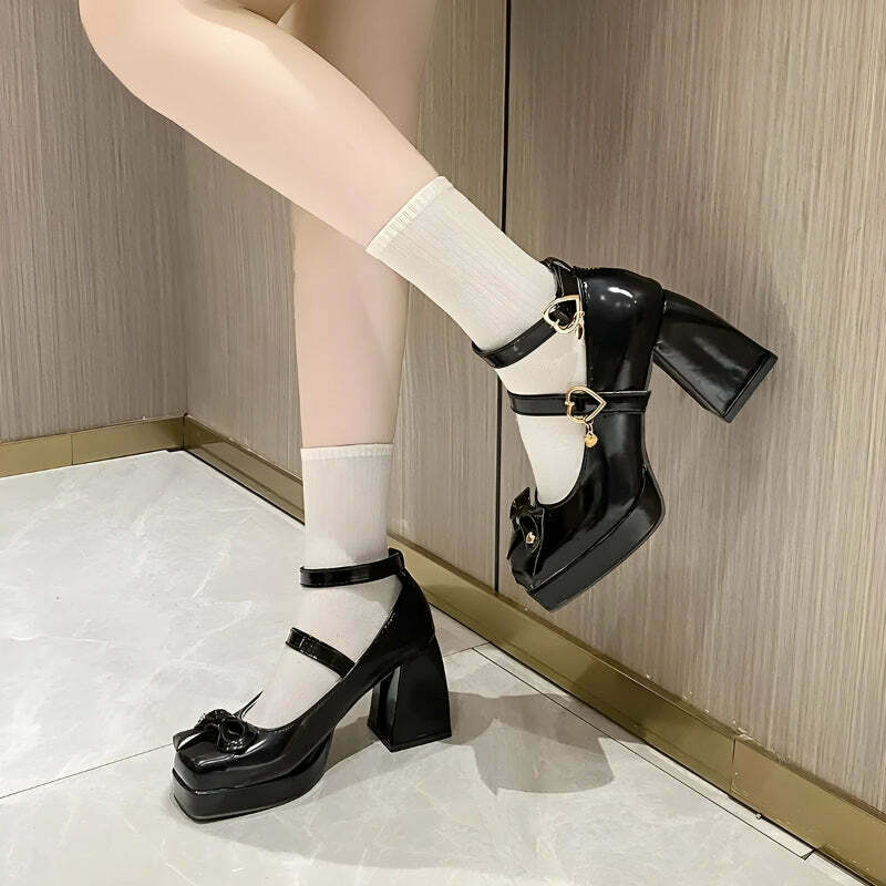 Chic Bow & Heart Mary Jane High Heels - Stylish Split Toe Design for Y2K Fashion Lovers