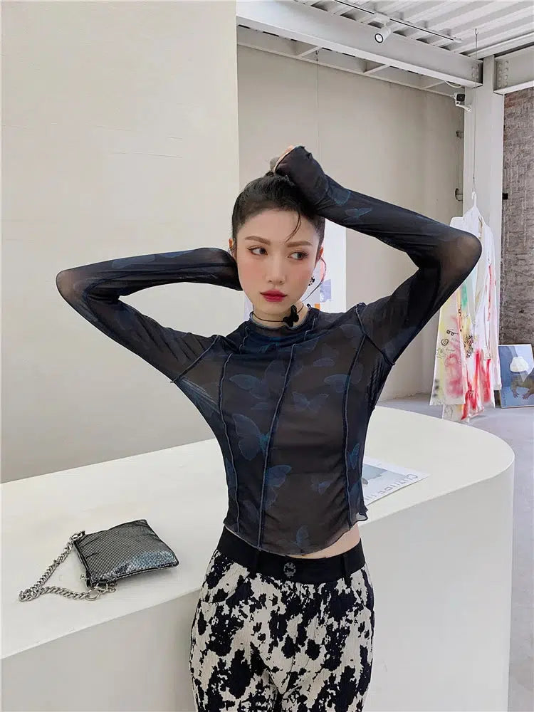 Chic Butterfly Seam Detailed Mesh Top - Y2K Aesthetic Crop Top with Bow Tie Design