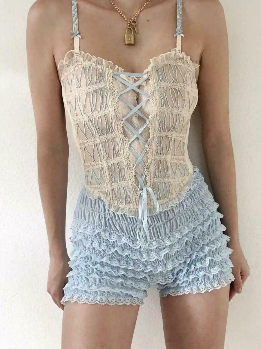 Chic Coquette Lace Ruched Ruffled Shorts - Trendy Y2K Fashion with Flirty Flair