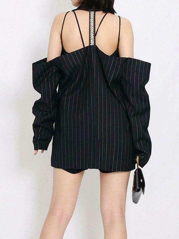 Chic Cut-Out Striped Blazer with Floral Embroidery - Trendy Y2K Style Jacket