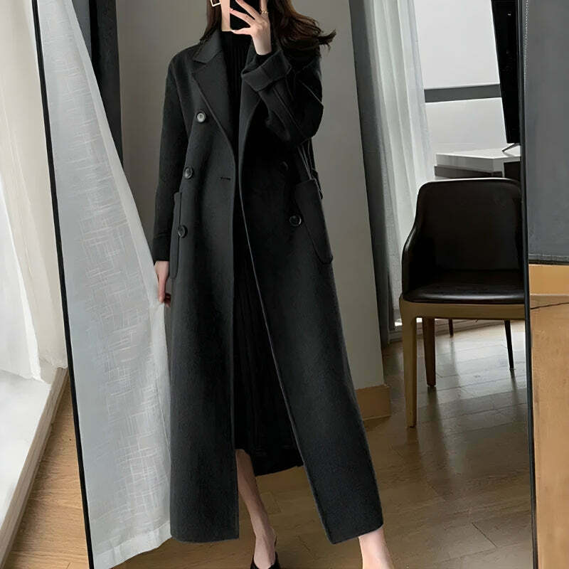 Chic Dark Academia Belted Long Coat with Fur Collar - Trendy Y2K Fashion Statement Piece