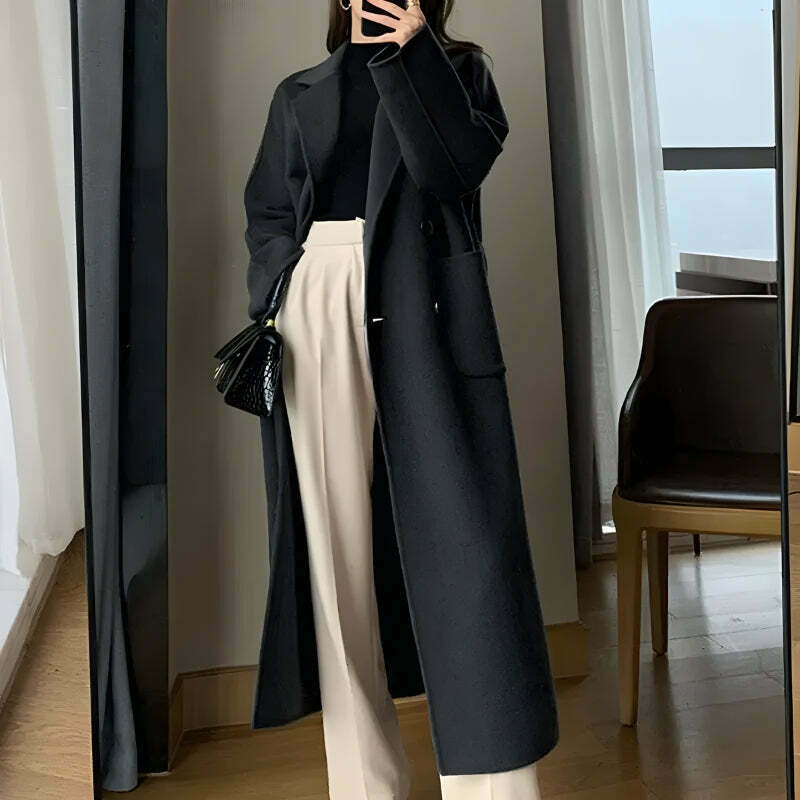 Chic Dark Academia Belted Long Coat with Fur Collar - Trendy Y2K Fashion Statement Piece