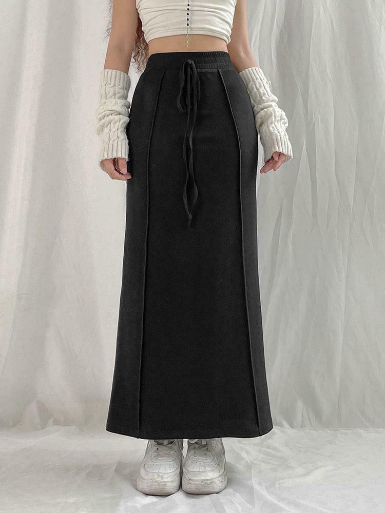 Chic Dark Academia Drawstring Maxi Skirt in Khaki - Y2K Pleated Style for Trendy Outfits