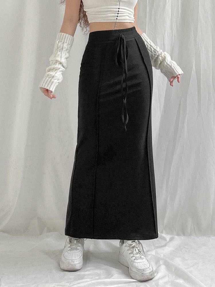 Chic Dark Academia Drawstring Maxi Skirt in Khaki - Y2K Pleated Style for Trendy Outfits