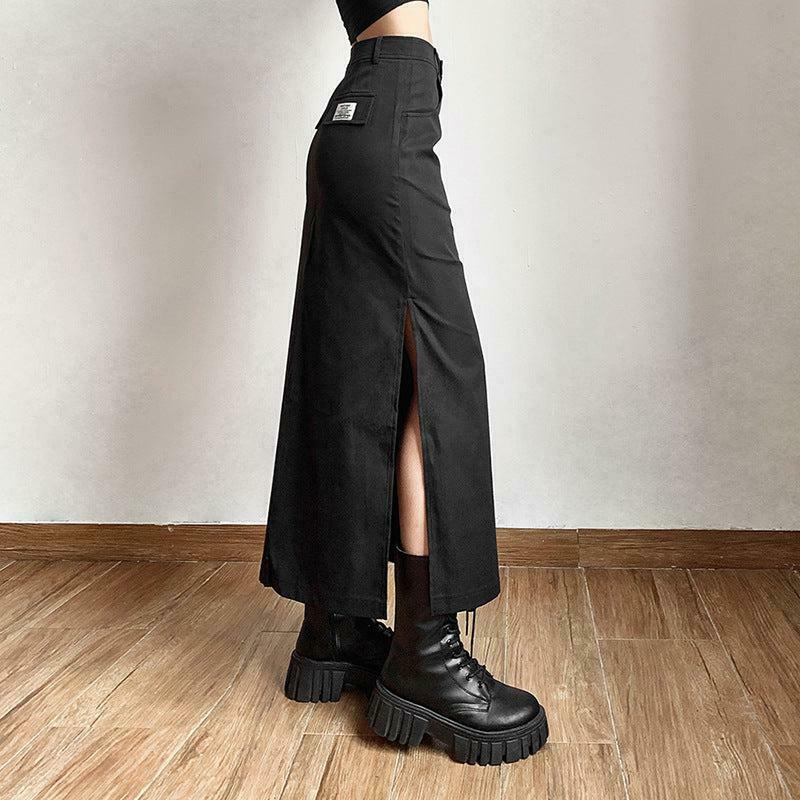 Chic Dark Academia Khaki Side Slit Maxi Skirt - Trendy Y2K Pleated Style for Effortless Elegance