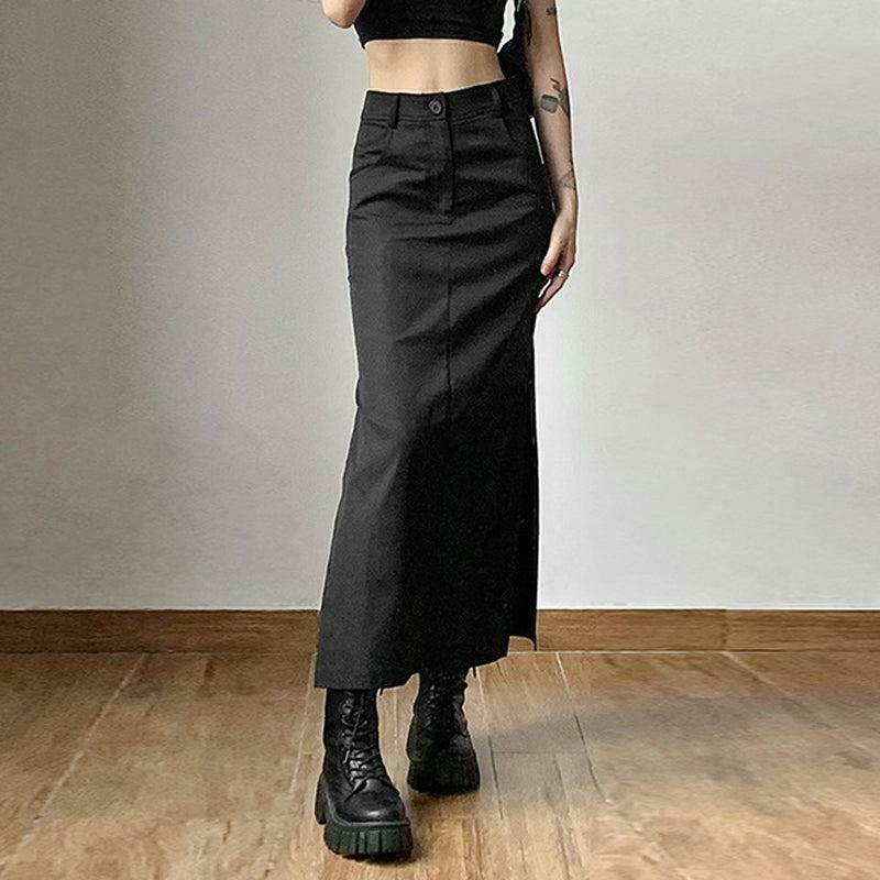 Chic Dark Academia Khaki Side Slit Maxi Skirt - Trendy Y2K Pleated Style for Effortless Elegance