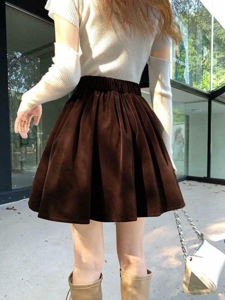 Chic Dark Academia Velvet Mini Skirt - Stylish Khaki Pleated Y2K Fashion Essential