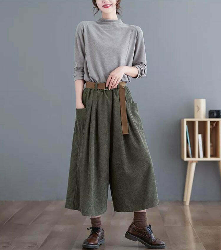 Chic Dark Academia Wide Leg Corduroy Pants - Trendy Y2K Style for Effortless Fashion