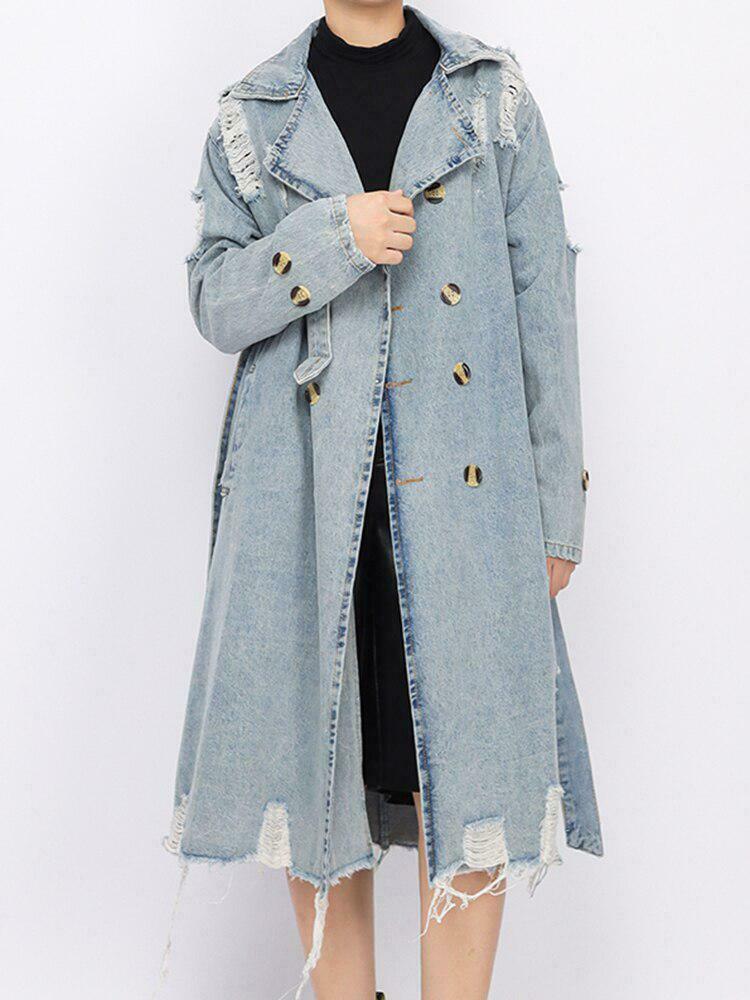 Chic Distressed Denim Trench Coat for Y2K Fashion Lovers - Vintage Style & Unique Design