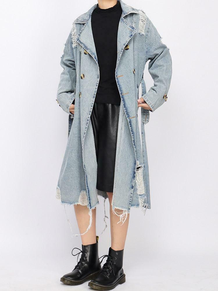 Chic Distressed Denim Trench Coat for Y2K Fashion Lovers - Vintage Style & Unique Design