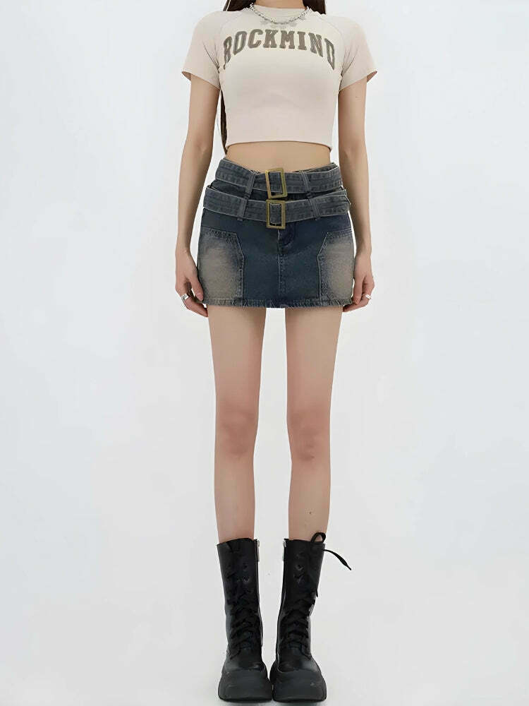 Chic Double Belted Denim Mini Skort - Y2K Inspired Boho Style for Trendy Outfits