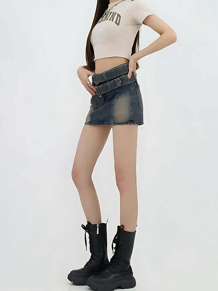 Chic Double Belted Denim Mini Skort - Y2K Inspired Boho Style for Trendy Outfits