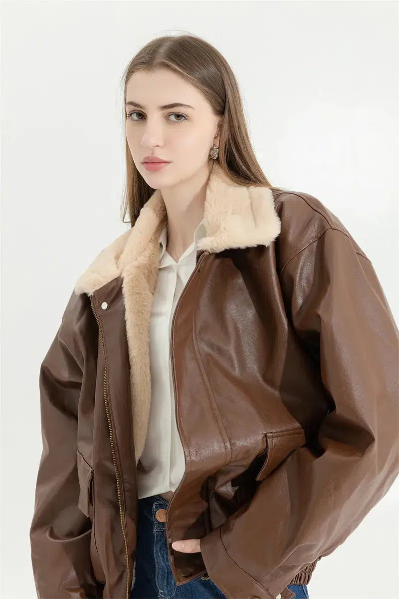 Chic Double-Faced Faux Leather & Fur Jacket - Trendy Y2K Style for Effortless Fashion