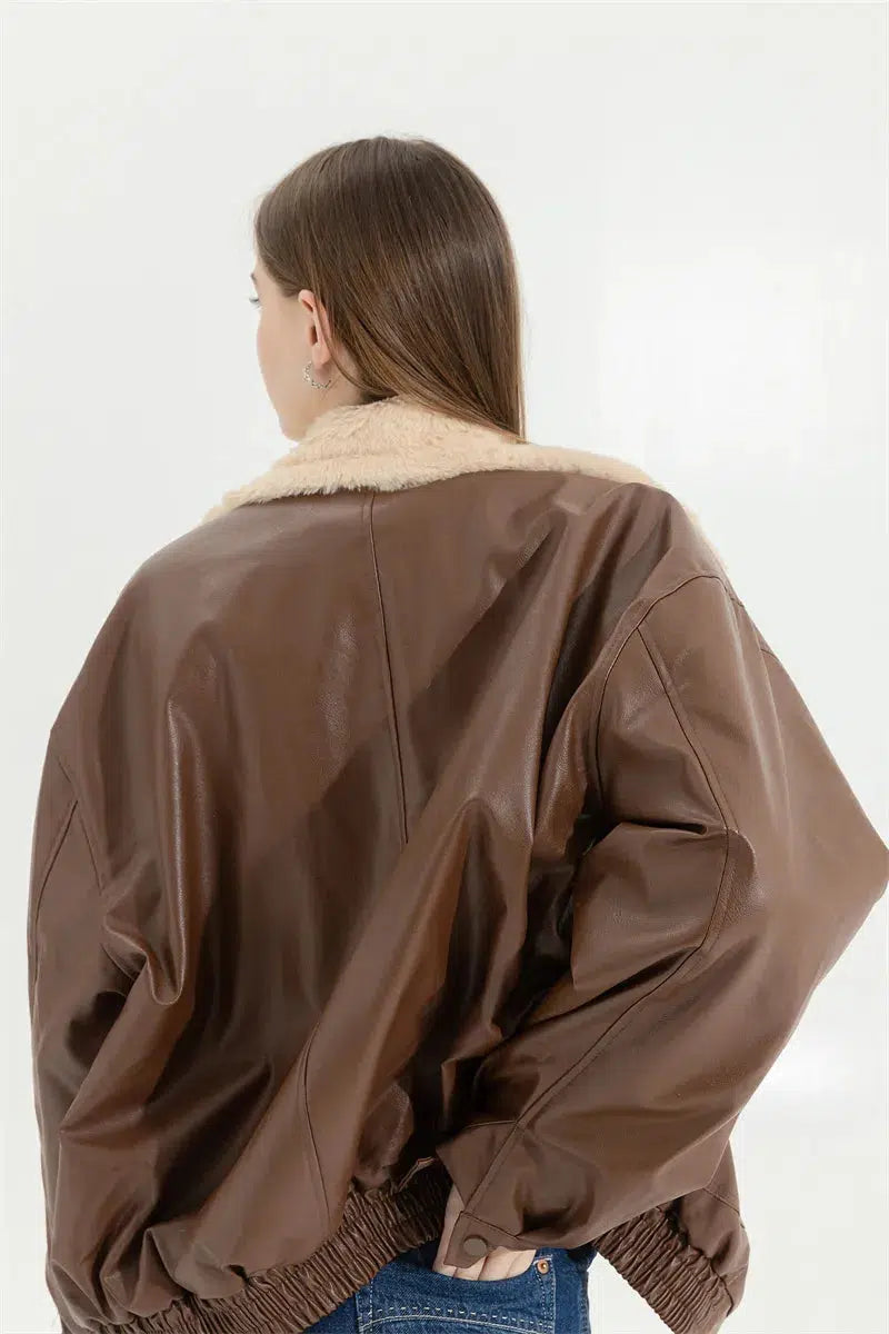 Chic Double-Faced Faux Leather & Fur Jacket - Trendy Y2K Style for Effortless Fashion