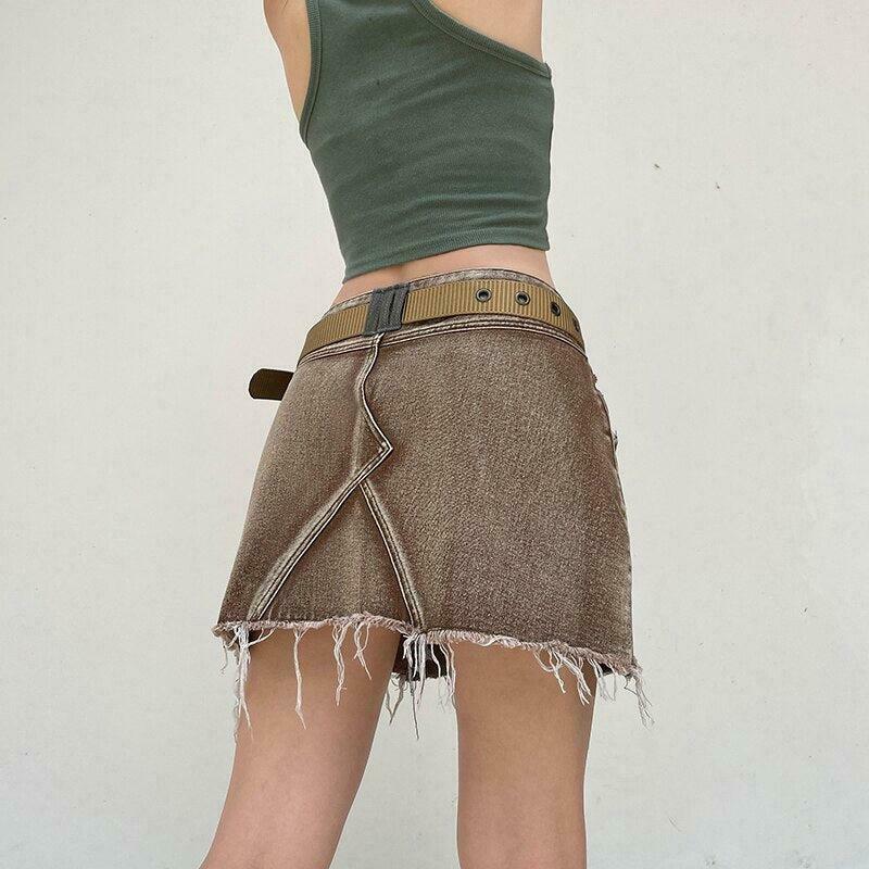 Chic Fairy Grunge Distressed Patchwork Mini Skirt - Y2K Fashion in Khaki & Grey Cargo Style