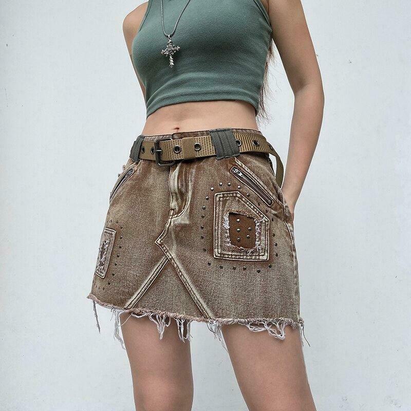 Chic Fairy Grunge Distressed Patchwork Mini Skirt - Y2K Fashion in Khaki & Grey Cargo Style