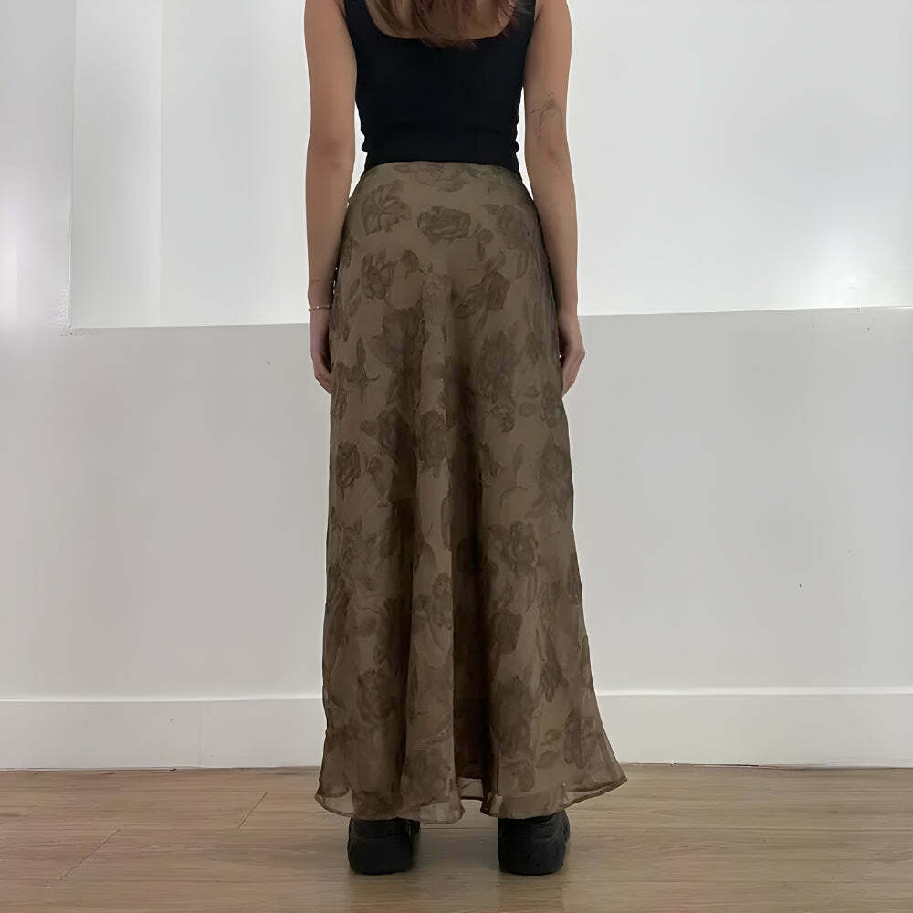 Chic Fairy Grunge Floral Maxi Skirt - Y2K Style with Pleated Design and Khaki Accents